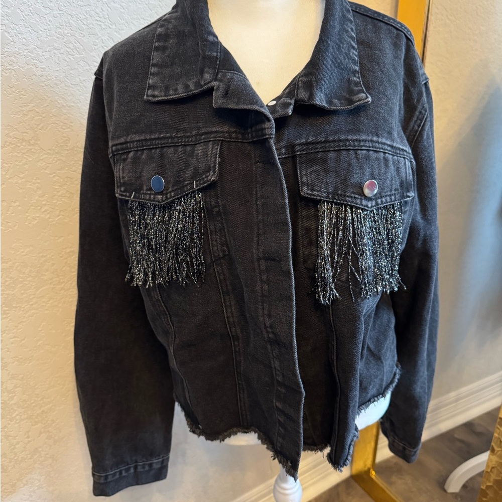 Lucky & Blessed Black Fringe Jean Jacket - Picture 2 of 4